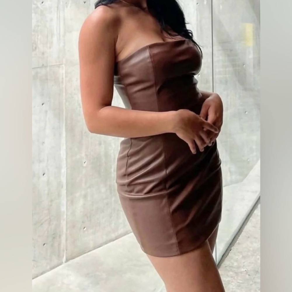 NEW Meshki Pamela faux leather mini strapless dress in chocolate brown L